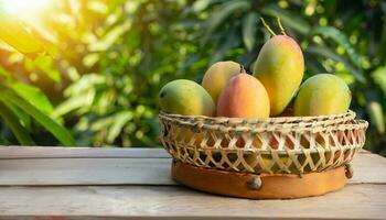 mango Fruta colgando en un árbol con un rústico de madera mesa foto