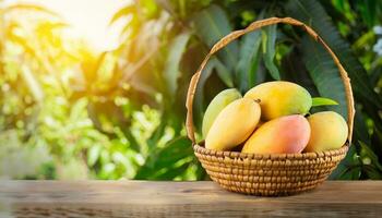 Mango fruit hanging on a tree with a rustic wooden table photo