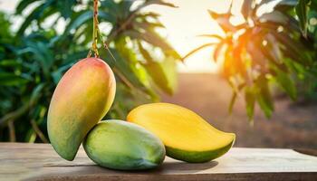 Mango fruit hanging on a tree with a rustic wooden table photo