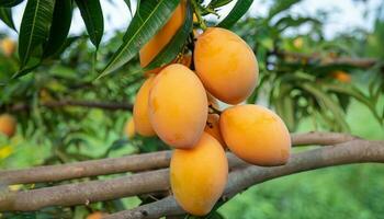 Mango fruit hanging on a tree with a rustic wooden table photo