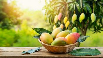 Mango fruit hanging on a tree with a rustic wooden table photo