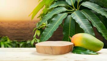 Mango fruit hanging on a tree with a rustic wooden table photo