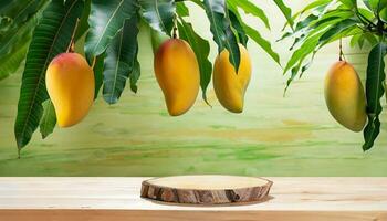 Mango fruit hanging on a tree with a rustic wooden table photo