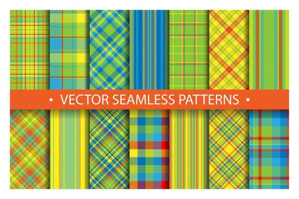 Set plaid pattern seamless. Tartan patterns fabric texture. Checkered geometric vector background. Scottish stripe blanket backdrop