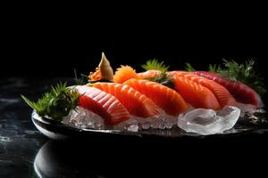 japonés cocina. plato de perfectamente rebanado sashimi. ai generado foto