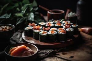 sushi rolls, served on a traditional Japanese platter. photo