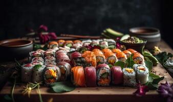 sushi rolls, served on a traditional Japanese platter. photo