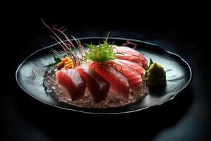 japonés cocina. plato de perfectamente rebanado sashimi. ai generado foto