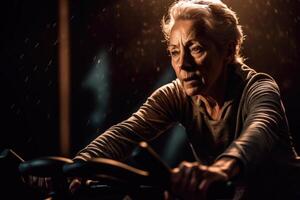 Older woman at the gym on stationary bike. photo