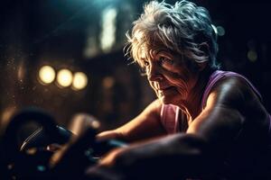 Older woman at the gym on stationary bike. photo