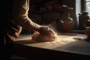 Baker kneads dough on a flour-covered table. AI generated photo