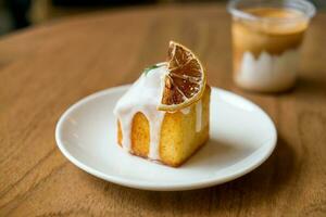 lemon pound cake on white plate photo