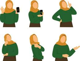 Hijab woman in different poses and gestures. Vector illustration.