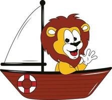 ilustración de un linda león en un barco con un vida boya vector