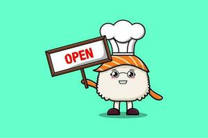 Cute cartoon Sushi holding open sign board vector