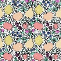 Fruits and berries hand drawn vector seamless pattern. Colorful summer background. Wallpaper with botanical elements.