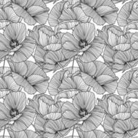 Vector seamless pattern with hand drawing wild flowers, linear black and white botanical illustration, floral elements, hand drawn repeatable background. Artistic backdrop.