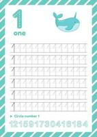 Number tracing worksheet for kids education. Learning numbers pages. Number one vector