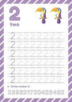 Number tracing worksheet for kids education. Learning numbers pages. Number two vector