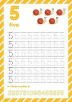 Number tracing worksheet for kids education. Learning numbers pages. Number five vector