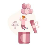 Little girl jumping from the huge gift box, holding balloons. Happy childrens day concept. vector