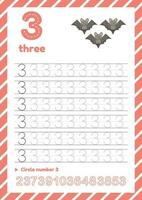 Number tracing worksheet for kids education. Learning numbers pages. Number three vector