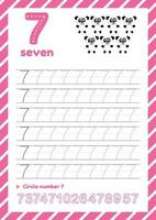 Number tracing worksheet for kids education. Learning numbers pages. Number seven vector