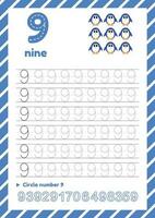 Number tracing worksheet for kids education. Learning numbers pages. Number nine vector