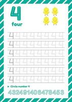 Number tracing worksheet for kids education. Learning numbers pages. Number four vector