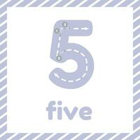 Cute colorful children flashcard with tracing. Learn how to write number five for kids vector