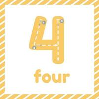 Cute colorful children flashcard with tracing. Learn how to write number four for kids vector