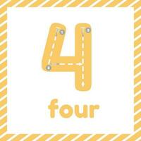 Cute colorful children flashcard with tracing. Learn how to write number four for kids vector