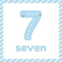 Cute colorful children flashcard with tracing. Learn how to write number seven for kids vector