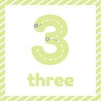 Cute colorful children flashcard with tracing. Learn how to write number three for kids vector