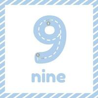 Cute colorful children flashcard with tracing. Learn how to write number nine for kids vector