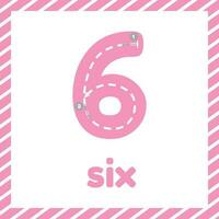 Cute colorful children flashcard with tracing. Learn how to write number six for kids vector