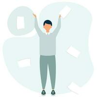 Employee standing with flying sheets of paper in the air. Office paperwork. Man with sheets. Vector