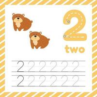 Cute colorful children flashcard with tracing and bear. Learn how to write number two for kids education vector