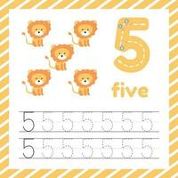 Cute colorful children flashcard with tracing and lion. Learn how to write number five for kids education vector