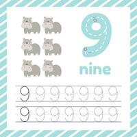 Cute colorful children flashcard with tracing numbers and hippo. Learn how to write number nine for kids education vector