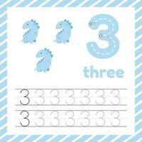 Cute colorful children flashcard with tracing and dinosaur. Learn how to write number three for kids education vector