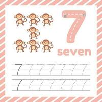 Cute colorful children flashcard with tracing and monkey. Learn how to write number seven for kids education vector