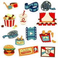 un conjunto de retro película elementos. todas elementos de un película teatro con rápido comida para acecho un película. pantalla, carrete, película, Palomitas, 3d anteojos, boleto, soda, nueces, papas fritas, hamburguesa en dibujos animados estilo. vector