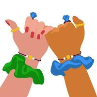 Vector illustration of two friends with the same jewelry holding hands and demonstrating unity and teamwork. People hold hands with their fingers. Friendship is forever. Flat design, vector concept