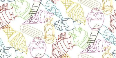 Drawing of ice cream on a stick in the style of doodles with a colored outline on a white background. Background illustration with doodles in color. Ice cream for printing greeting cards and textiles vector