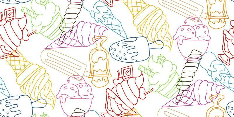 Drawing of ice cream on a stick in the style of doodles with a colored outline on a white background. Background illustration with doodles in color. Ice cream for printing greeting cards and textiles