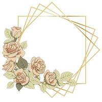 Floral decoration with golden frame. Frame of roses and leaves for the design of invitations, cards, paper, books, websites, decor, design, etc. vector