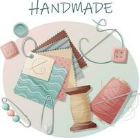 Postcard with sewing tools. Sewing, hobby, needlework. Illustration with pieces of fabric, threads, scissors, buttons.Background, banner flyer for a sewing workshop vector