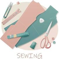 Postcard with sewing tools. Sewing, hobby, needlework. Illustration with a pattern, pattern and scissors. Background, banner flyer for a sewing workshop vector