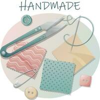 Postcard with sewing tools. Sewing, hobby, needlework. Illustration with pieces of fabric, threads, scissors, buttons.Background, banner flyer for a sewing workshop vector